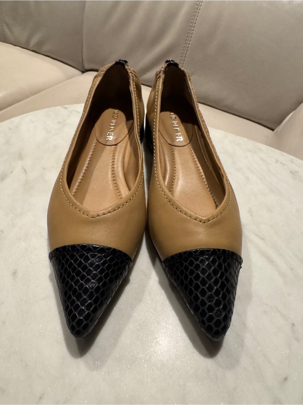 Donald J. Pliner Two-Tone Pointed Flats in Tan and Black Snakeskin